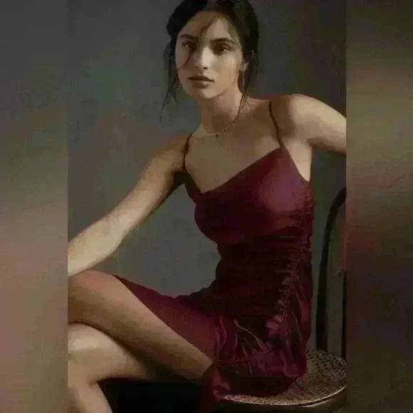 BHLDN DARK BERRY Women's Jennings Ruched Side-Slit Satin Gown - Picture 10 of 12